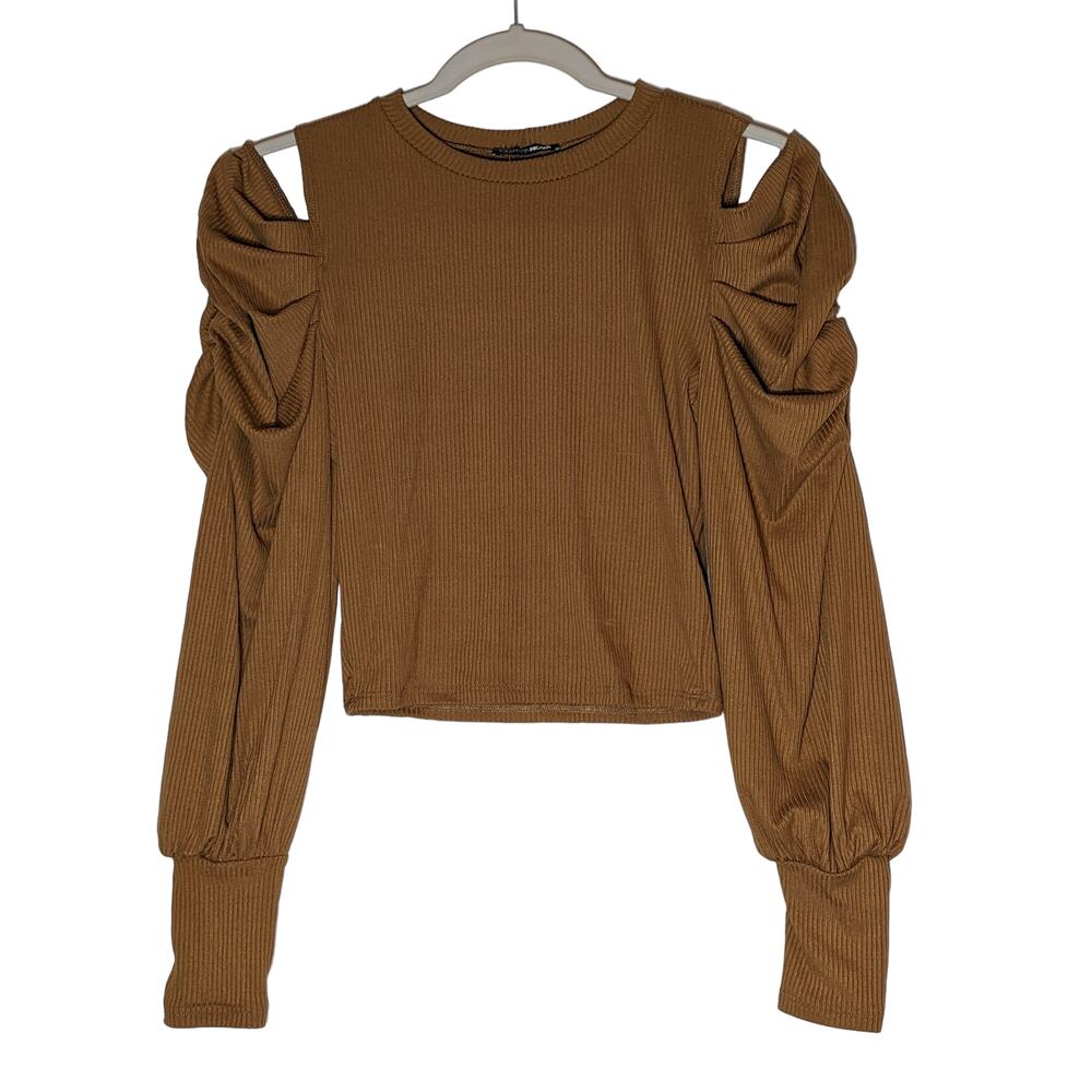 Fashion Nova Cold Shoulder Sweater Medium Brown Long Sleeves Crew Neck‎ Winter